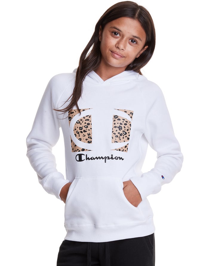 Champion Pige Hættetrøje Hvide - Fleece Raglan Leopard Knockout Logo - Danmark UFM-790643